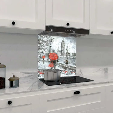 Red Umbrellas in London Printed Glass Splashback - DIY - CreoGlass®