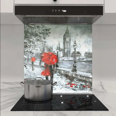 Red Umbrellas in London Printed Glass Splashback - DIY - CreoGlass®