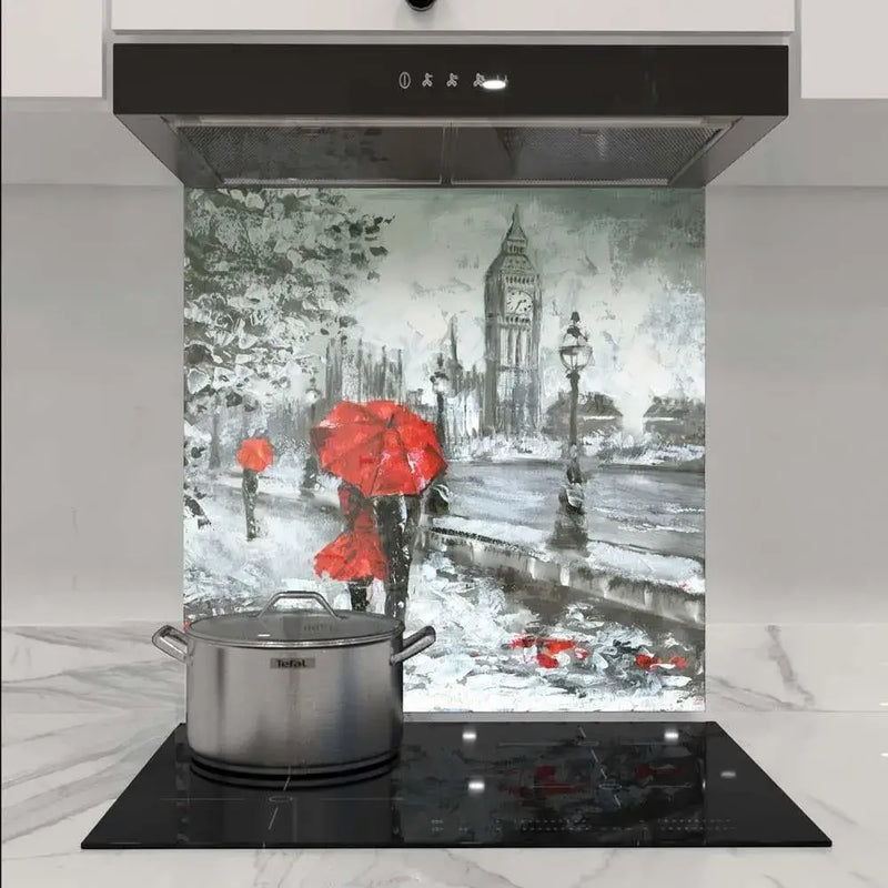 Bespoke kitchen glass splashback with London Big Ben artwork, red umbrellas, modern cooktop