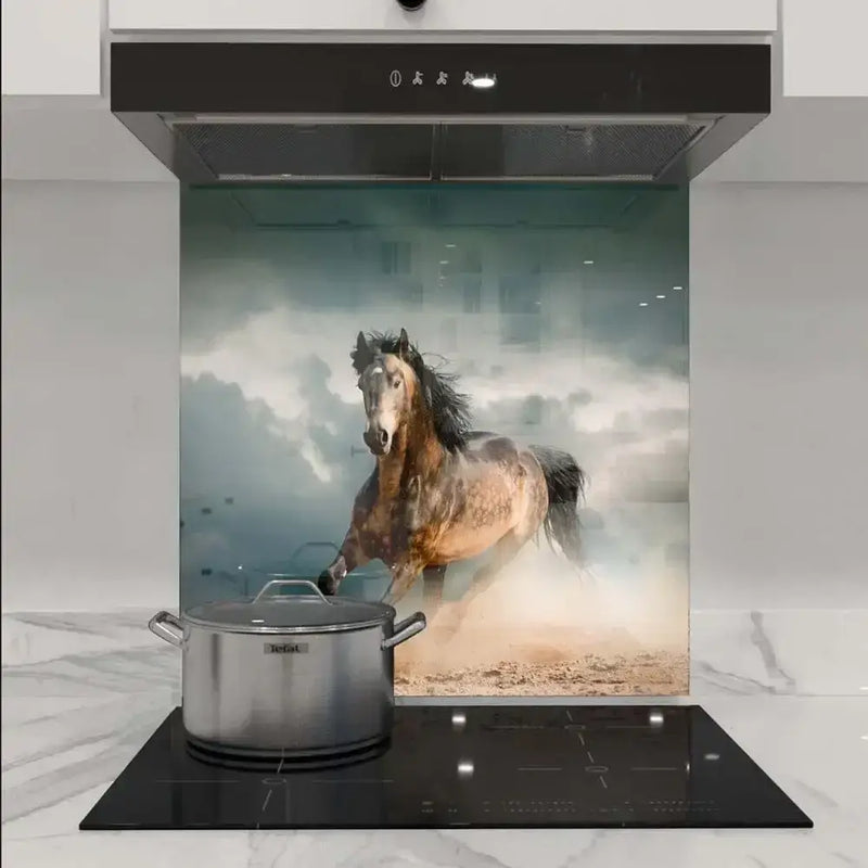 Custom glass kitchen splashback with galloping horse print, modern kitchen design