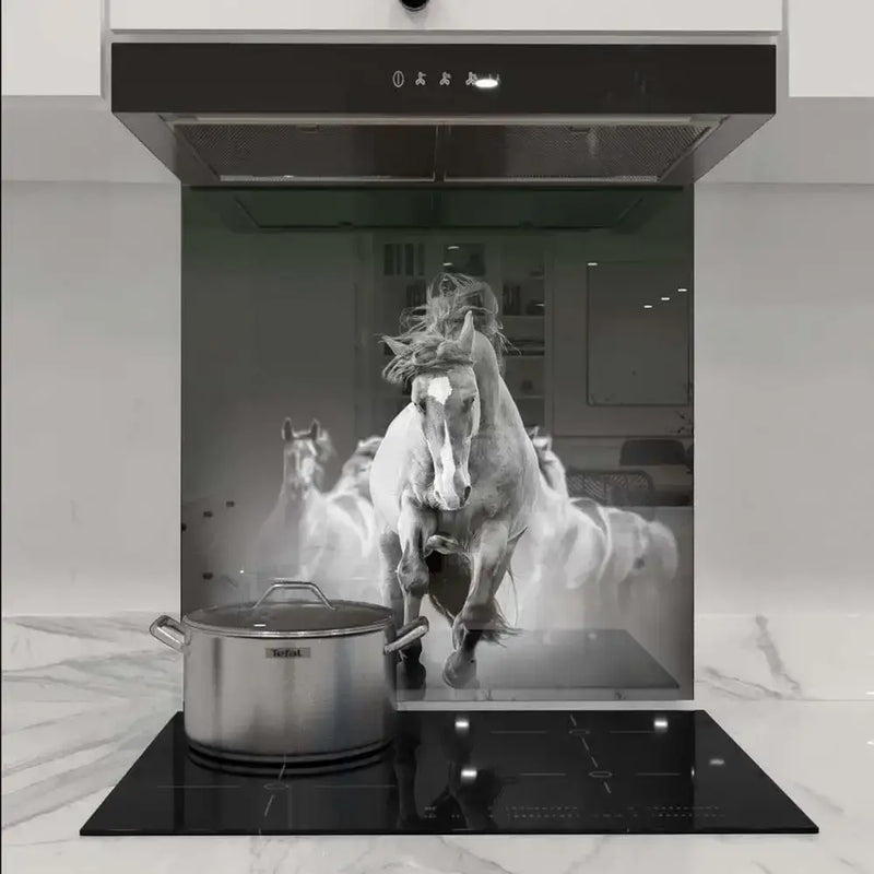 Bespoke kitchen glass splashback with galloping horse print, modern induction hob, marble worktop
