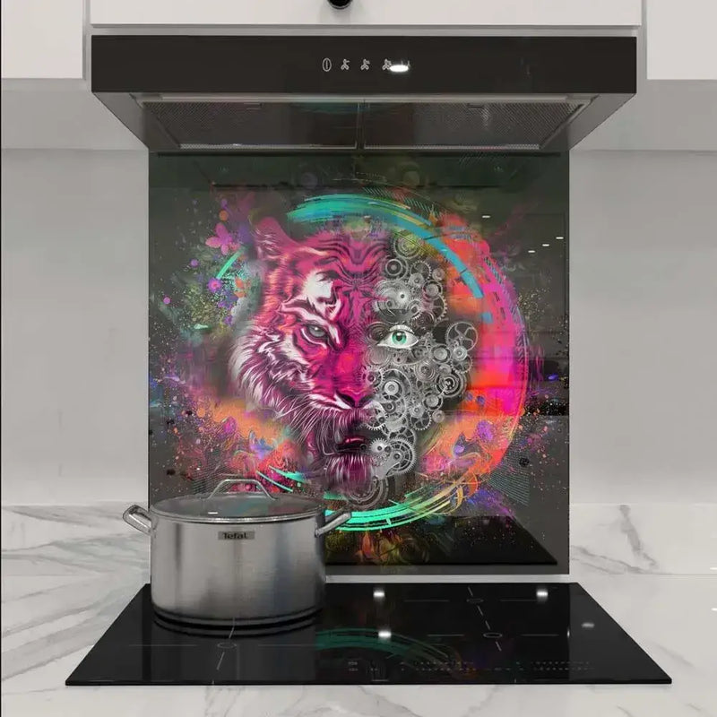 Vibrant tiger art glass splashback with mechanical gears, perfect for modern kitchen decor