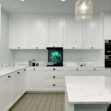 Turquoise Dahlia Printed Glass Splashback - DIY - CreoGlass®