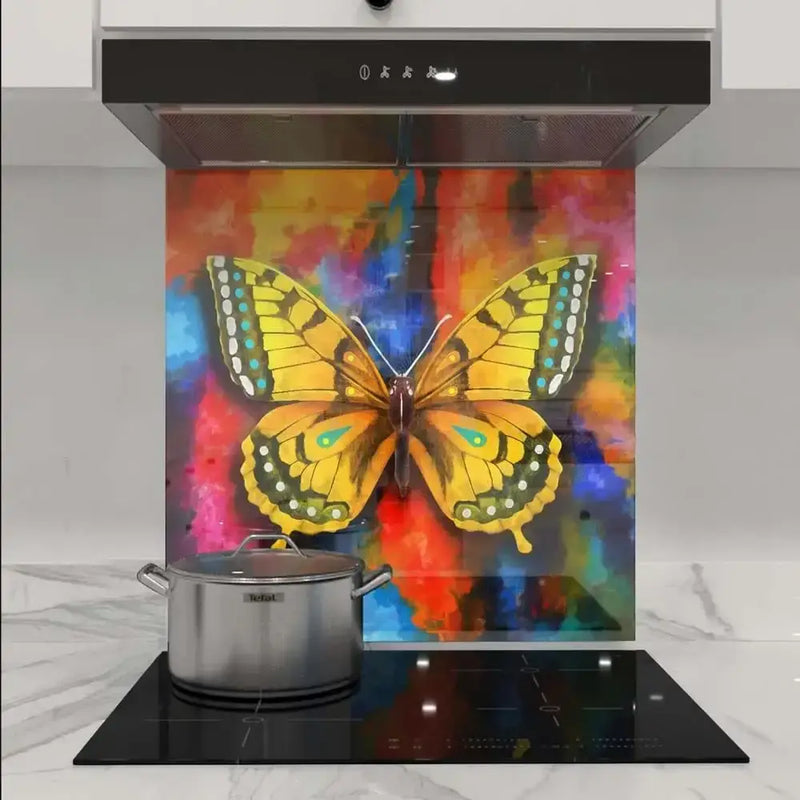 Vibrant butterfly print glass splashback in modern kitchen with induction hob