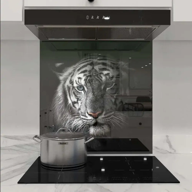 Bespoke kitchen splashback with tiger print design, modern glass panel for luxury home decor