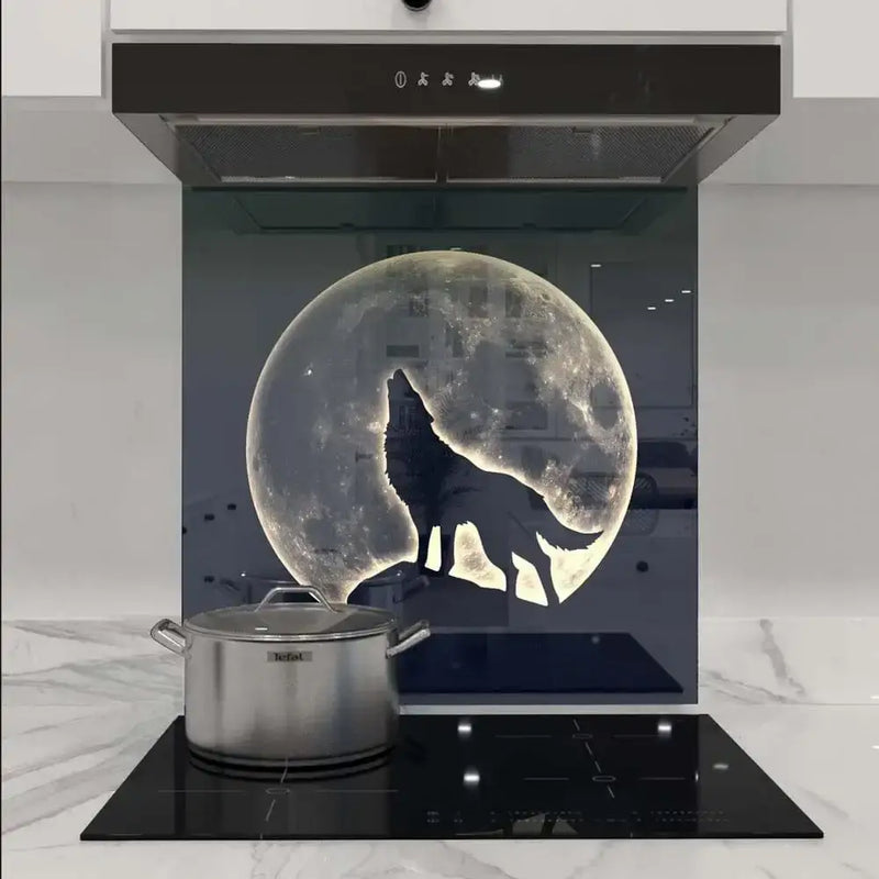 Bespoke kitchen glass splashback with glowing moon and wolf silhouette, modern luxury design