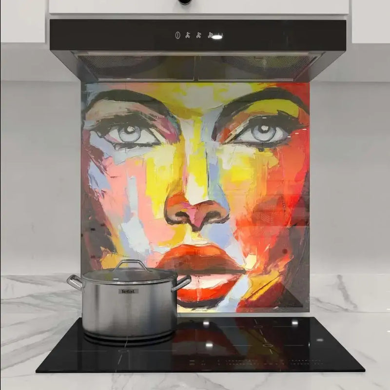 Vibrant abstract face artwork on kitchen glass splashback, modern cooktop with pot