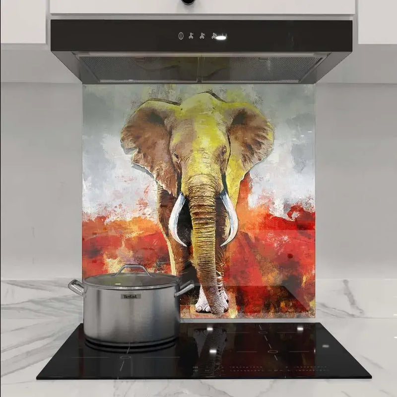 Bespoke glass kitchen splashback with vibrant elephant artwork, modern luxury decor